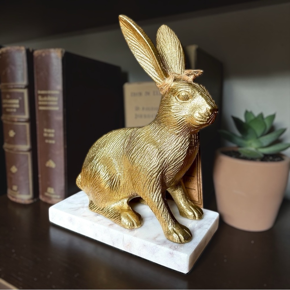 Well Dressed Home Heavy Metal Gold Tone Bunny Rabbit Sculpture with Marble Base